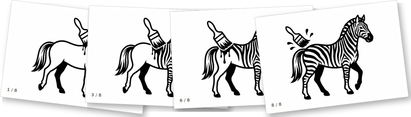 An eight-page PDF: a white horse painted into a zebra, one page per frame